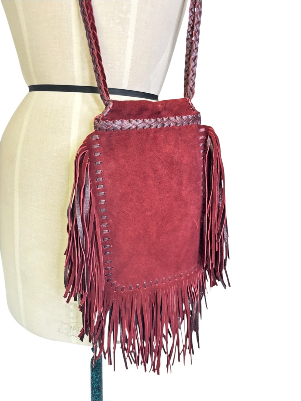 Artisan handcrafted Fringed Suede Crossbody Bag‎ in Burgundy